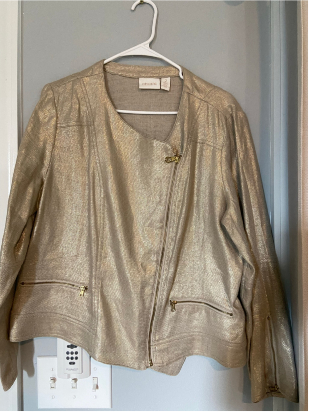 Taupe metalic shimmer jacket with gold hardware by Chico's, size 2, (large 12)